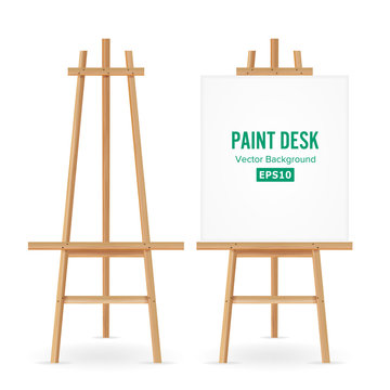 Paint Desk Vector. Artist Easel Set With White Paper. Isolated On White Background. Realistic Painter Desk Blank Canvas On painting Easel.
