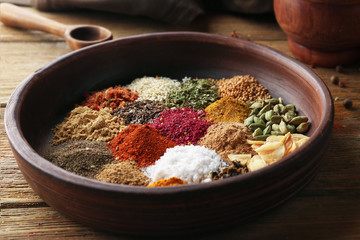 Plate with aromatic spices on wooden table