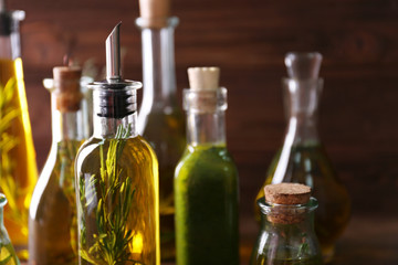 Composition of bottles with oil, closeup