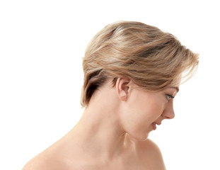 Fototapeta premium Young woman with trendy hairstyle on white background