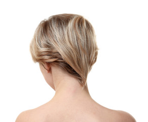 Fototapeta premium Young woman with trendy hairstyle on white background