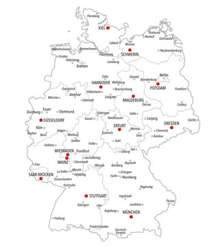 Map of Germany with cities and provinces in white color