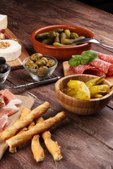 Italian antipasti wine snacks set. Cheese variety, Mediterranean