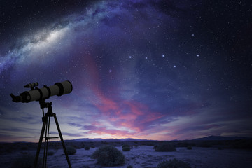 telescope in the desert watching the Great Bear constellation and the milky way