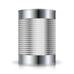 Metallic Cans Vector. Food Tincan Ribbed Metal Tin Can, Canned Food. Blank For Your Design. Realistic Empty Product Packing Template With Shadow And Reflection
