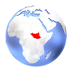 South Sudan on metallic globe isolated