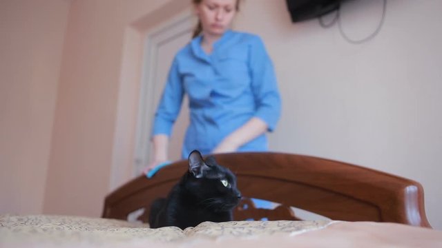 Maid doing cleaning in the bedroom