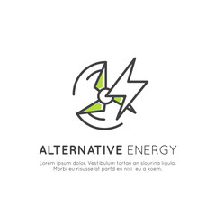Vector Icon Style Logo Template with thin line icons of environment, renewable energy, sustainable technology, recycling, ecology solutions. Icons for website, mobile app design