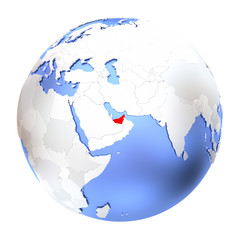 United Arab Emirates on metallic globe isolated