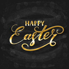 Golden lettering Happy Easter with decorative pattern of eggs