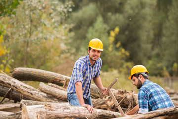Two guys, with yellow helments  on their heads, cut wood with a saw in the forest