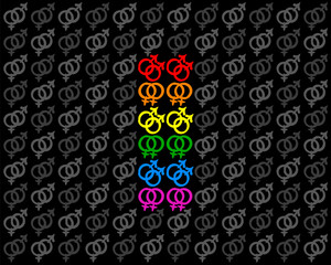 Gay and lesbian love symbols forming a rainbow colored pride flag among gray heterosexual symbols. Isolated vector illustration on black background.