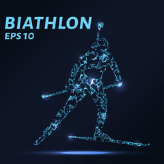 The biathlon consists of points, lines and triangles. The polygon shape in the form of a silhouette on a dark background. Vector illustration. Graphic concept biathlon