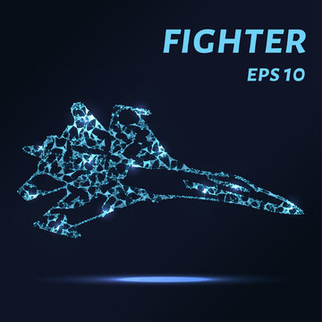 Fighter consists of points, lines and triangles. The polygon shape in the form of a silhouette of a fighter on a dark background. Vector illustration. Graphic concept fighter