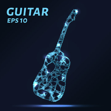 The guitar is composed of points, lines and triangles. The polygon shape in the form of a silhouette of a guitar on a dark background. Vector illustration. Graphic concept guitar