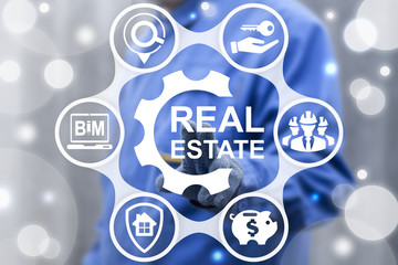 Property business service concept. Man touched real estate gear word icon on virtual screen....