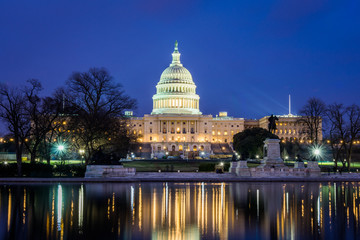 Capitol Building at Night in District of Columbia with Reflection
