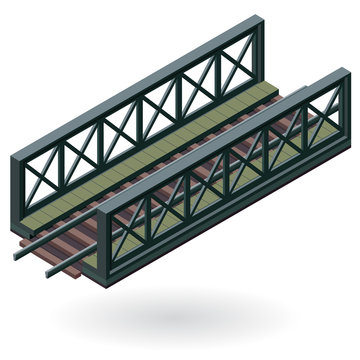 Vector train bridge in isometric 3d perspective isolated on white background. Industrial transportation building. Metallic architecture. Railway bridge with rail. Assembled riveted bridge construction
