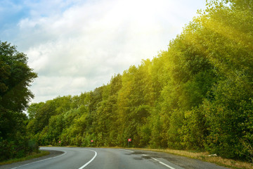 Obraz premium Empty asphalt road in green forest, summer travel landscape, traveling and nature background with sunshine