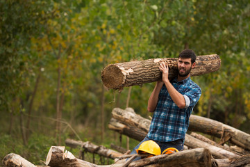 Two young men carry a large log on his shoulders and moving up through the forest