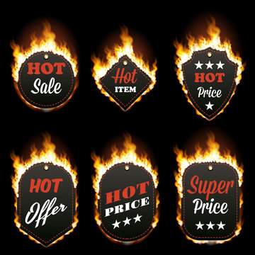 Set of six hot sale frames of different shapes surrounded with realistic flame isolated on black background. Burning fire light effect. Bonfire elements. Gradient mesh vector for your design