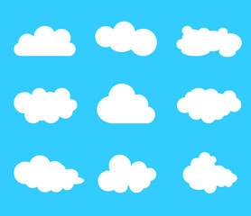 Cloud vector icon set. White color on blue background.
