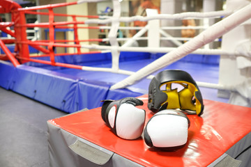 Boxing gloves and helmet