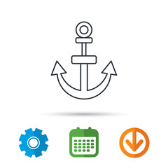 Anchor icon. Nautical drogue sign. Sea and sailing symbol. Calendar, cogwheel and download arrow signs. Colored flat web icons. Vector