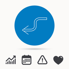 Arrow back icon. Previous sign. Left direction symbol. Calendar, attention sign and growth chart. Button with web icon. Vector