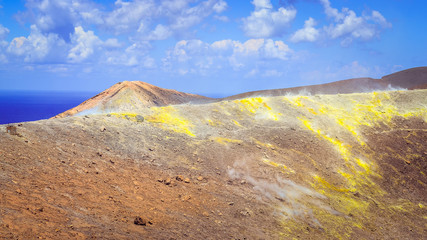 Landscape view of colorful volcano crater on Vulcano island, Sicily