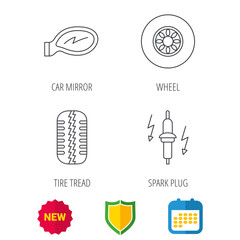 Wheel, car mirror and spark plug icons. Tire tread linear sign. Shield protection, calendar and new tag web icons. Vector