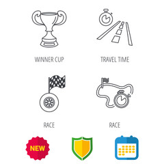 Winner cup, race timer and flag icons. Travel time linear sign. Shield protection, calendar and new tag web icons. Vector