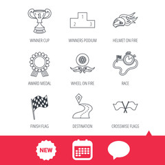 Winner cup and podium, award medal icons. Race flag, motorcycle helmet and timer linear signs. Destination pointer flat line icons. New tag, speech bubble and calendar web icons. Vector