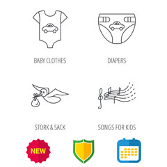 Diapers, newborn clothes and songs for kids icons. Stork with sack linear sign. Shield protection, calendar and new tag web icons. Vector