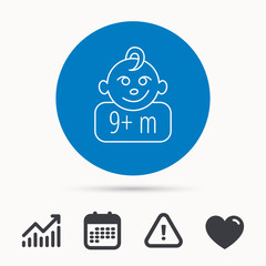 Baby face icon. Newborn child sign. Use of nine months and plus symbol. Calendar, attention sign and growth chart. Button with web icon. Vector