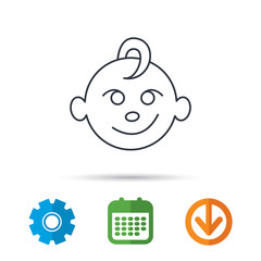Baby boy face icon. Child with smile sign. Newborn symbol. Calendar, cogwheel and download arrow signs. Colored flat web icons. Vector