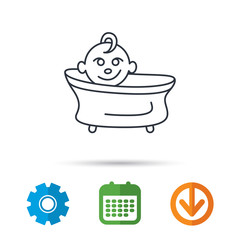 Baby in bath icon. Toddler bathing sign. Newborn washing symbol. Calendar, cogwheel and download arrow signs. Colored flat web icons. Vector