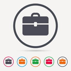 Briefcase icon. Diplomat handbag symbol. Business case sign. Round circle buttons. Colored flat web icons. Vector