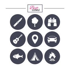 Camping, tourism icons. Fishing, guitar music.
