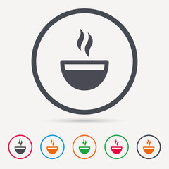Coffee cup icon. Hot tea drink symbol. Round circle buttons. Colored flat web icons. Vector