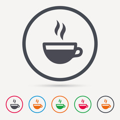 Coffee cup icon. Hot tea drink symbol. Round circle buttons. Colored flat web icons. Vector
