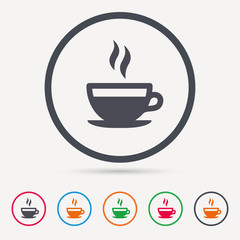 Coffee cup icon. Hot tea drink symbol. Round circle buttons. Colored flat web icons. Vector