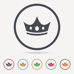Crown icon. Royal throne leader symbol. Round circle buttons. Colored flat web icons. Vector
