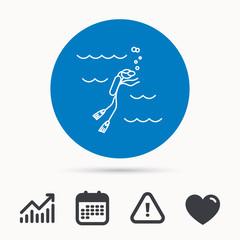 Diving icon. Swimming underwater with tube sign. Scuba diving symbol. Calendar, attention sign and growth chart. Button with web icon. Vector