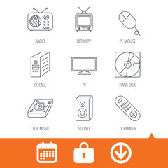 Sound, club music and retro radio icons. PC mouse and case, hard disk linear signs. TV remote icons. Download arrow, locker and calendar web icons. Vector