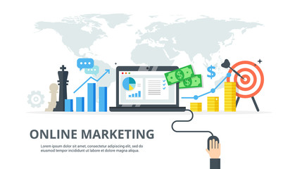 Digital marketing process - banner in flat style. Concept of strategy, successful result and profit growth. Online business vector illustration.