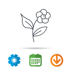 Flower with petals icon. Plant with leaves sign. Floral decoration symbol. Calendar, cogwheel and download arrow signs. Colored flat web icons. Vector