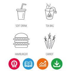 Hamburger, tea bag and soft drink icons. Carrot linear sign. Award medal, growth chart and opened book web icons. Download arrow. Vector
