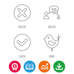 Delete, check and chat speech bubble icons. Dialog linear sign. Award medal, growth chart and opened book web icons. Download arrow. Vector