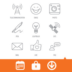 Mail, photo camera and lightbulb icons. Pen, GPS and telecommunication linear signs. FAQ, like and smile icons. Download arrow, locker and calendar web icons. Vector